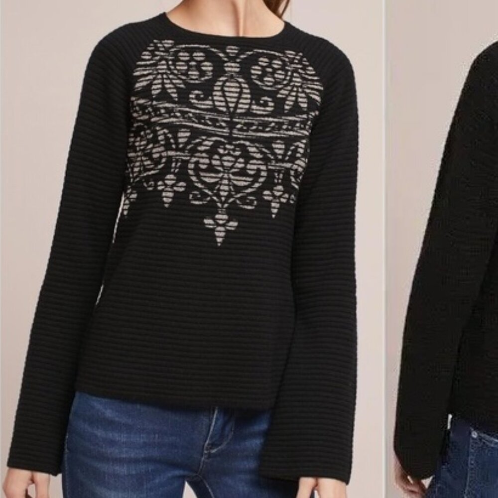 Anthropologie Rib Knit Wool Sweater M Flare Slv Black Rose Gold Seen Worn Kept